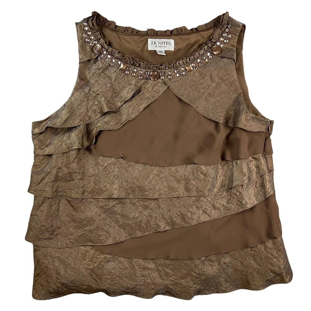 J.R. NITES by Carol Lin Embellished Tiered Top  Women's 22W  Brown Blouse